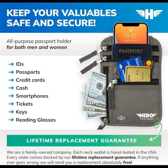 Neck Wallet – RFID Blocking Passport Holder – Easy to Conceal Travel Pouch - Picture 2 of 7